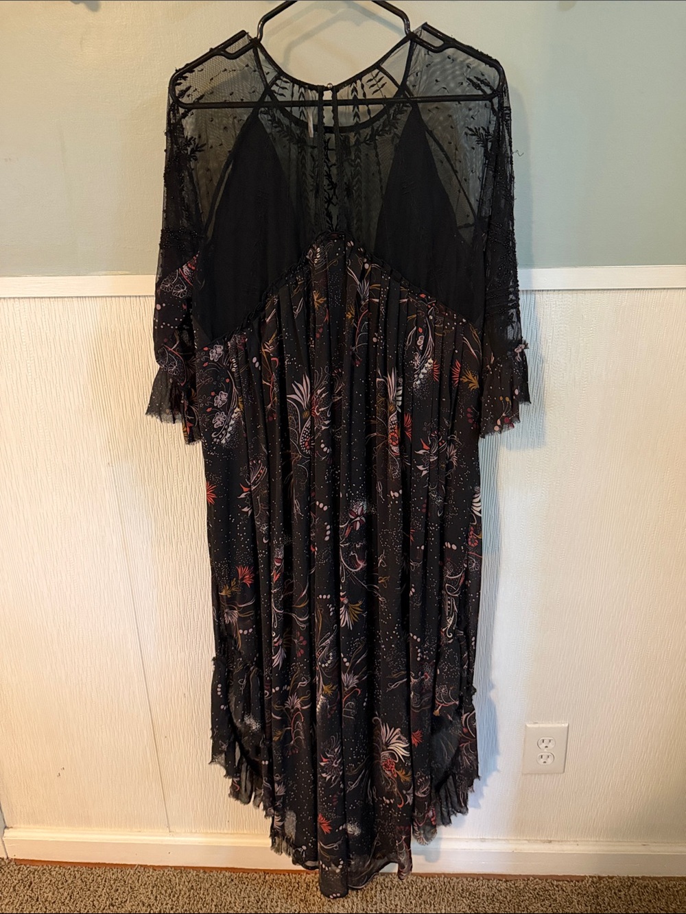 Free People Black Floral Boho Maxi Dress with Lace Yoke - Picture 2 of 3
